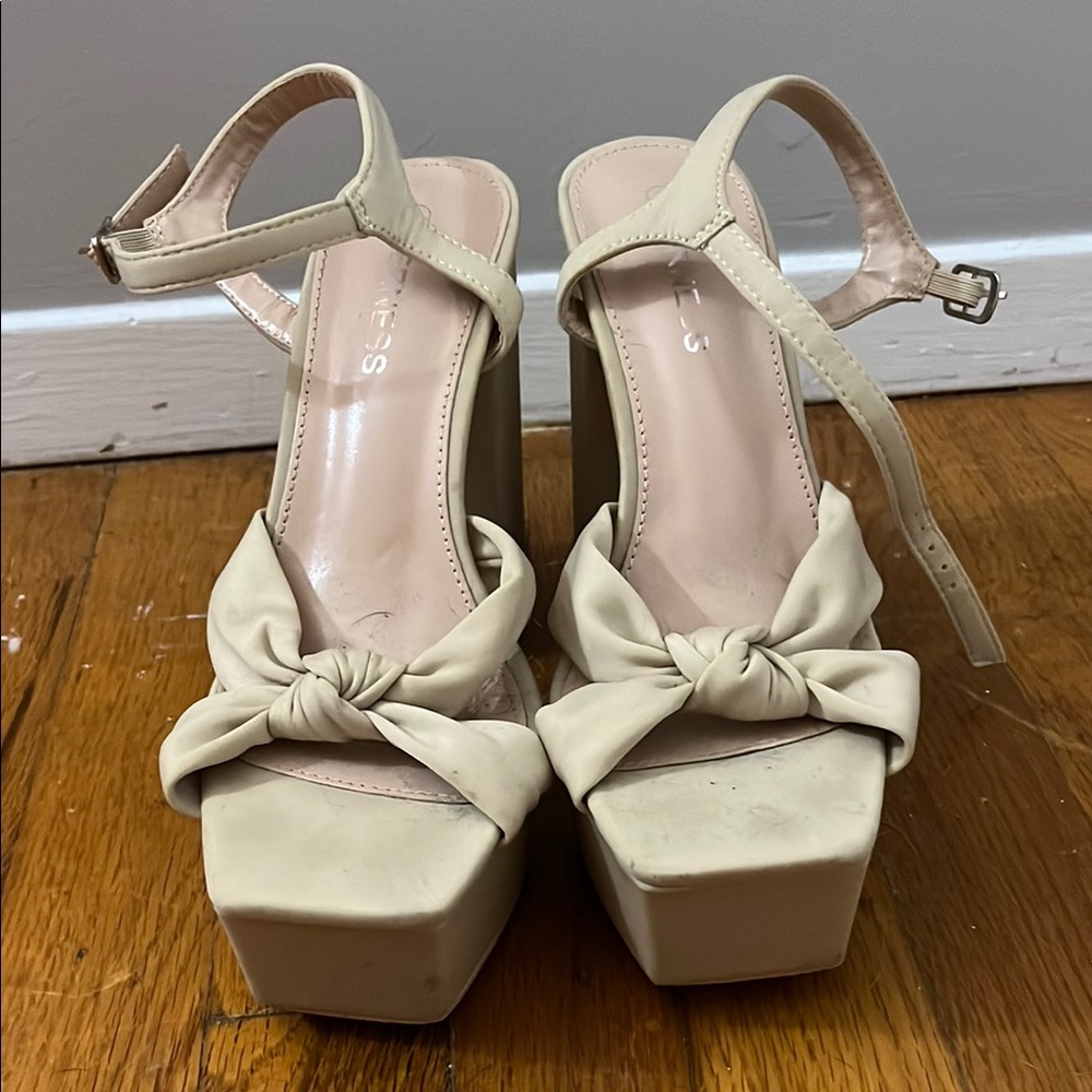 Cream Fabric Platform Heels with Bow Knot Detail
